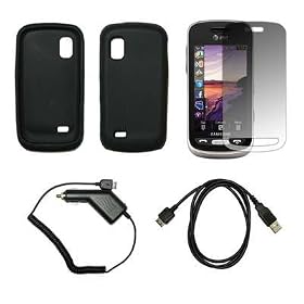 Black Soft Silicone Gel Skin Cover Case + LCD Screen Protector + Rapid Car Charger + USB Data Sync Charge Cable for Samsung Solstice A887