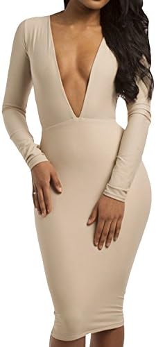 PEILUMENG Women's Bodycon Deep V Neck Back Knee Length Bandage Dress L Beige