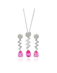 Nickel Free Sterling Silver Necklace & Earring Sets Pink And Clear Hanging Cubic Zirconia Stones, Pendant 8Mm X 38Mm Earring 7Mm X 37Mm Chain 16-18 Nches