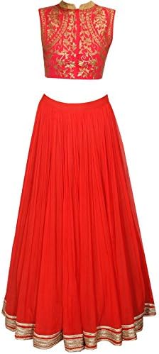 Kenil Fabrics red georgette partywear/embroidered lehenga for women with unstich embroidered blouse material
