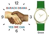 Black & White Handshake - Barack Obama - Yes We Can - President Barack Obama Commemorative - WATCHBUDDY&reg; DELUXE TWO-TONE THEME WATCH - Arabic Numbers - Green Leather Strap-Size-Women's Size-Small