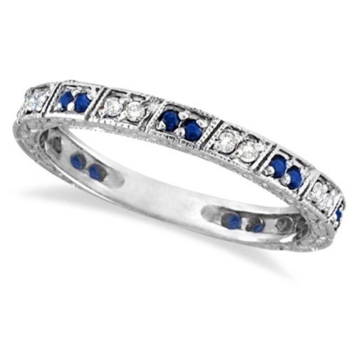 Blue Sapphire and Diamond Filigree Ring Anniversary Band 14k White Gold