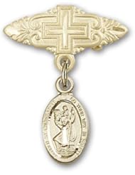 14kt Gold Baby Badge with St. Christopher Charm and Badge Pin with Cross