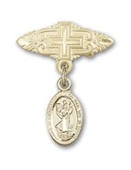14K Gold Baby Badge with St. Christopher Charm and Badge Pin with Cross