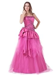 Strapless  Floor Length Satin/Tulle Tiered  Beaded Lace-Up  Ball Gown Wedding Dress  With a Bow(s)