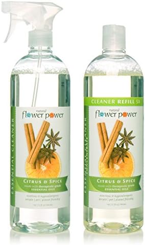 Natural Flower Power All-Purpose Cleaner + Refill Concentrate, Multi-Surface Cleaner, Citrus &amp; Spice, 32 Ounce (2 Pack) - This Kit Makes 6 x 32 Ounce Cleaners
