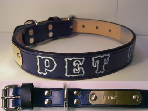 Personalized Blue Leather Dog Collar with Name Tag (20 INCH NECK SIZE)