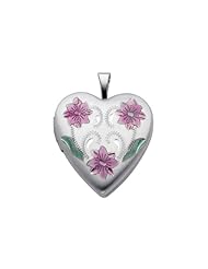 Sterling Silver Pink Enamel Engraved Heart Locket Pendant (0.8" or 20mm Height)