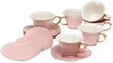 Yedi Houseware Classic Coffee and Tea Inside Out Heart Collection Teacups and Saucers, Pink/Gold, Set of 6