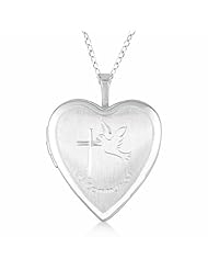 Hand Engraved Heart Locket Necklace w/ Cross and Dove Sterling Silver