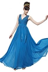 A-line V-neck Chiffon Cocktail Floor Length Beaded Sleeveless Homecoming Dress/Pageant Dress/Prom Dress/Party Dress/Wedding Dress  With a Ribbon 