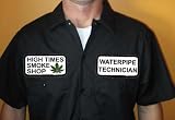 Black Funny Work Shirt High Times Smokeshop Waterpipe Technician Costume Large