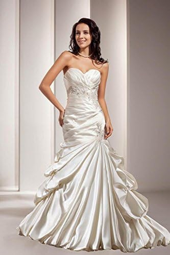 Biggoldapple Mermaid/Trumpet Sweetheart Court Train Satin Draped/Applique/Beading Wedding Dress 12 White