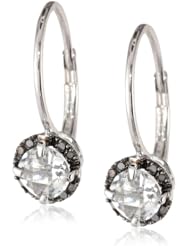 Sterling Silver White Topaz and Black Diamond Lever Back Earrings, (.07cttw)