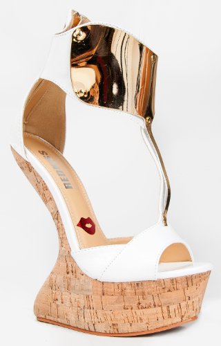 Red Kiss DORRYN Metallic T-Strap Ankle Wrap Cork Platform Heel Less Wedge Sandal