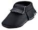 SAYOYO Baby Black Tassels Soft Sole Leather Infant Toddler Prewalker Shoes (Black, 12_Months)