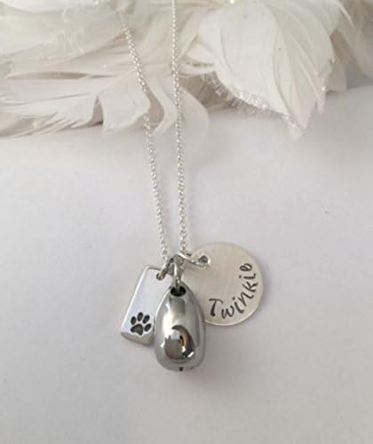 A Personalized Sterling Silver Memorial Necklace with Cremation Urn Pendant, Sterling Silver Paw Print charm and customized sterling silver pendant hand stamped with your beloved pet's name