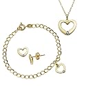 Yellow Gold Overlay Sterling Silver Girl's Heart Earrings, 6" Bracelet, and 13" Pendant Set