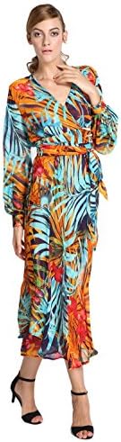 Fashion Women V Neck Autumn Tropical Flower Floral Chiffon Long Sleeve Dress HOT EA77