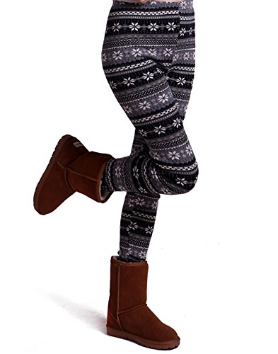 HDE Women Winter Knit Leggings Fleece Line Nordic Design Thermal Insulated Pants(White Black Gray Nordic Snowflake L)