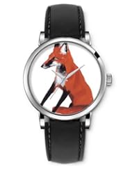 SPRAWL Aanalog Fashion Series Silver Ladies Watches of Genuine Black Leather Strap,Unique Wrist Watch for Women Girls Designed with orange fox