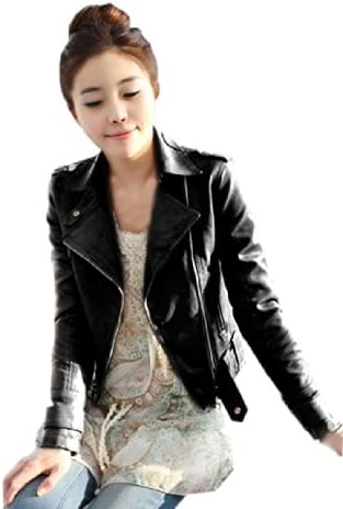 Meilaier Womens Fashion Faux Leather Zip up Moto Jacket Coat Black