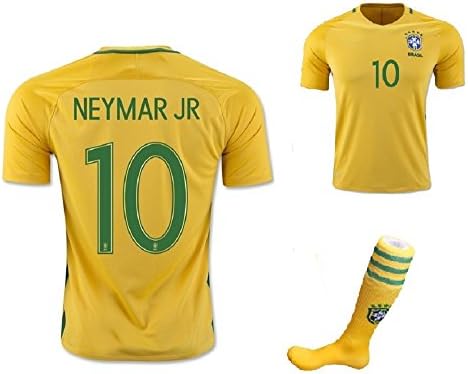 FS #10 Neymar Brazil Brasil National Home Kid Soccer Jersey & Matching Shorts & Socks Set (Latest Season)