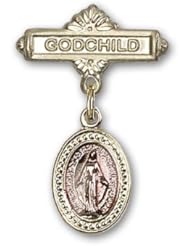 Gold Filled Baby Badge with Pink Miraculous Charm and Godchild Badge Pin