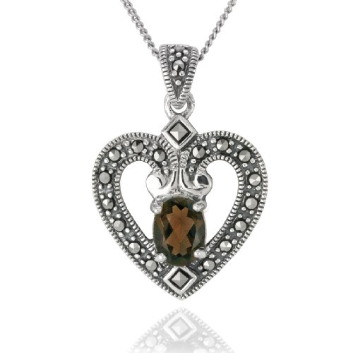 Sterling Silver Marcasite and Smoky Quartz Heart Pendant, 18″