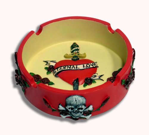 See Handpainted Eternal Love Skull Crossbones & Dagger Red Rose Ash Tray
