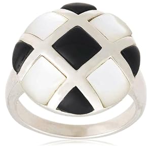 Sterling Silver Black Onyx and Mother-of-Pearl Checkered Ring, Size 7 by