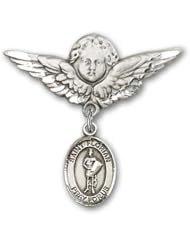 Sterling Silver Baby Badge with St. Florian Charm and Angel with Wings Badge Pin