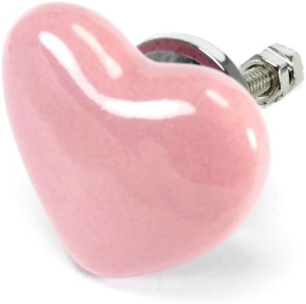 Pink Ceramic Heart Cabinet Knobs, Drawer Pulls &amp; Handles Set/4pc ~ C08 Heart Shape Ceramic Knobs for Cabinets, Children's Dresser, Kitchen Cabinets and Cupboards with Chrome Hardware