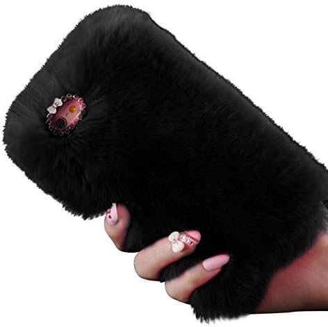 iPhone 6/6S Plus Rabbit Fur Hair Case - Handmade - Soft Warm Rabbit Hair with Butterfly Crystal Rhinestone (Black)