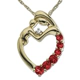 14k Yellow Gold Created Ruby and Diamond Mother and Child Pendant, 18"