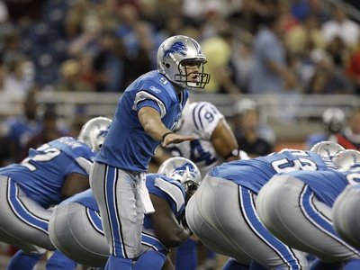 Colts Lions Football: Detroit, MI - Matthew Stafford Photographic Poster Print by Paul Sancya, 24x18