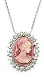 Beautiful Pink Lady Cameo Charm Necklace with Crystals Surrounding Lady Silver Tone Finish