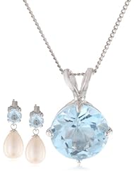 5-8mm Round Swiss Blue Topaz Sterling Silver and Freshwater Cultured Pearl Jewelry Set