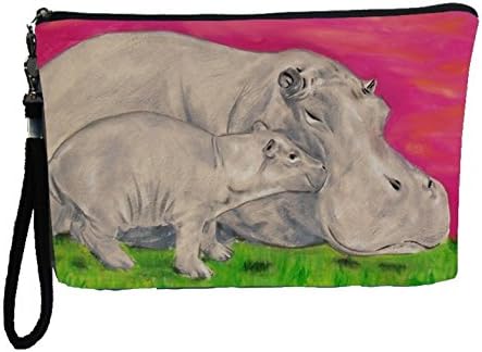 Large Vegan Wristlet, Pencil Bag, Cosmetic Bag - From My Original Paintings - Support Wildlife Conservation, Read How (Hippos -Communal Clan)