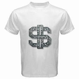 White T-Shirt of Bling Diamond Dollar Sign (Hip Hop Jewelry, Costume Bling, Grillz, Iced Out)