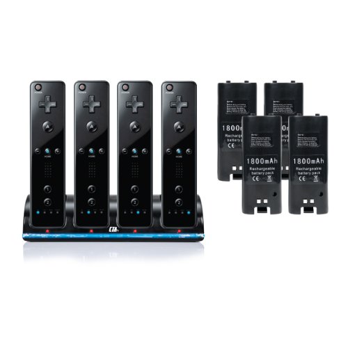Wii Quadruple Remote Charger with 4 Rechargeable Batteries - Black