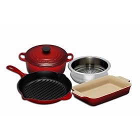 Le Creuset Cast Iron, Steamer and Stoneware Gift Set, 4 Piece, Cerise