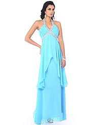 A-line V-neck Empire   Waistline Halter Chiffon Lace Tiered Beaded Floor Length Prom Dress 