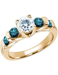 1.63 Ct Round Sky Blue Aquamarine Blue Diamond 18K Yellow Gold Ring