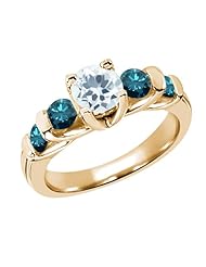 1.63 Ct Round Sky Blue Aquamarine Blue Diamond 14K Yellow Gold Ring