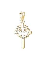 14k Yellow Gold, Mini Cross Pendant Charm with Holy Spirit Dove Cutout 11mm Wide