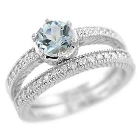 AAA Blue Aquamarine Matching Engagement 14k White Gold Ring Set by