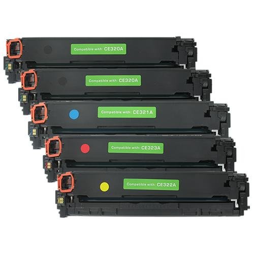 5-Pack Remanufactured HP 128A (CE320BK/CE321C/CE322Y/CE323M) Laser Printer Toner Cartridges - 2x Black and 1x each Cyan, Magenta, Yellow for use in HP LaserJet PRO Printes