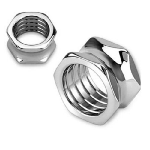 Pair (2) Stainless Steel Hexagon Shape Ear Plugs Hollow Tunnels Screw Look Double Flared Gauges 5/8