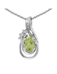 14k White Gold Oval Peridot And Diamond Teardrop Pendant with 18" Chain
